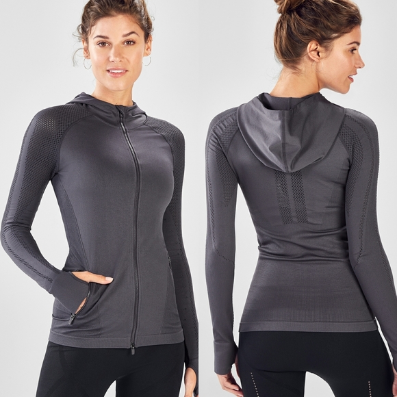 Fabletics Gray Kiley Seamless Hooded Zip Up Compression Jacket Medium - Picture 1 of 7